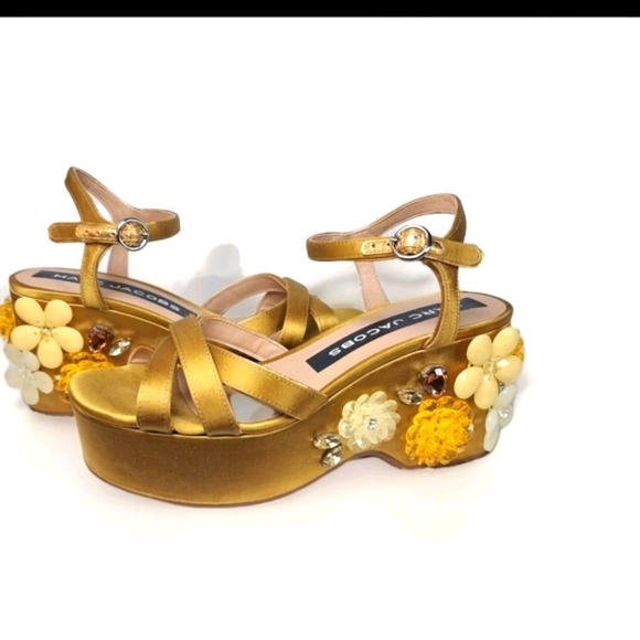 Marc Jacobs Gold Satin Embellished Platform Sandals - Picture 8 of 11